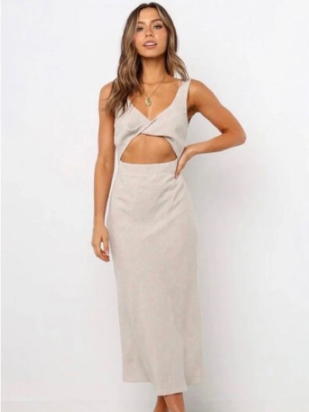 Apollo Dress — Beige cut out midi!